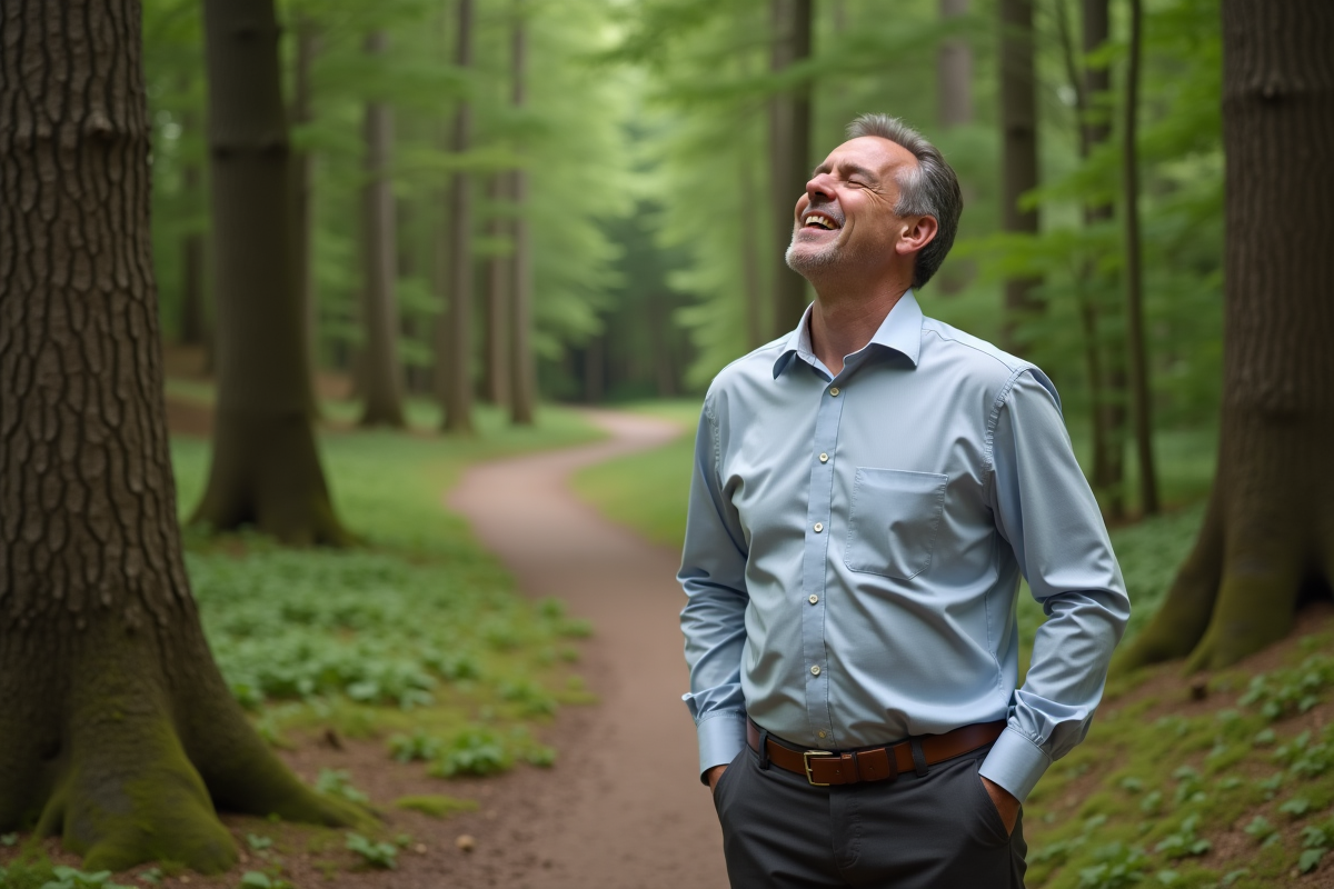Homme détendu en nature après une marche en forêt