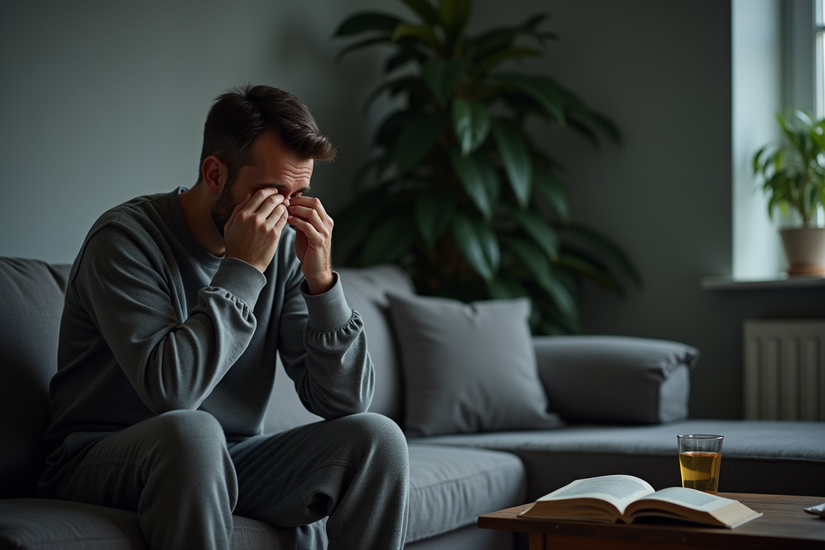 Homme assis sur un canapé dans un salon moderne la nuit
