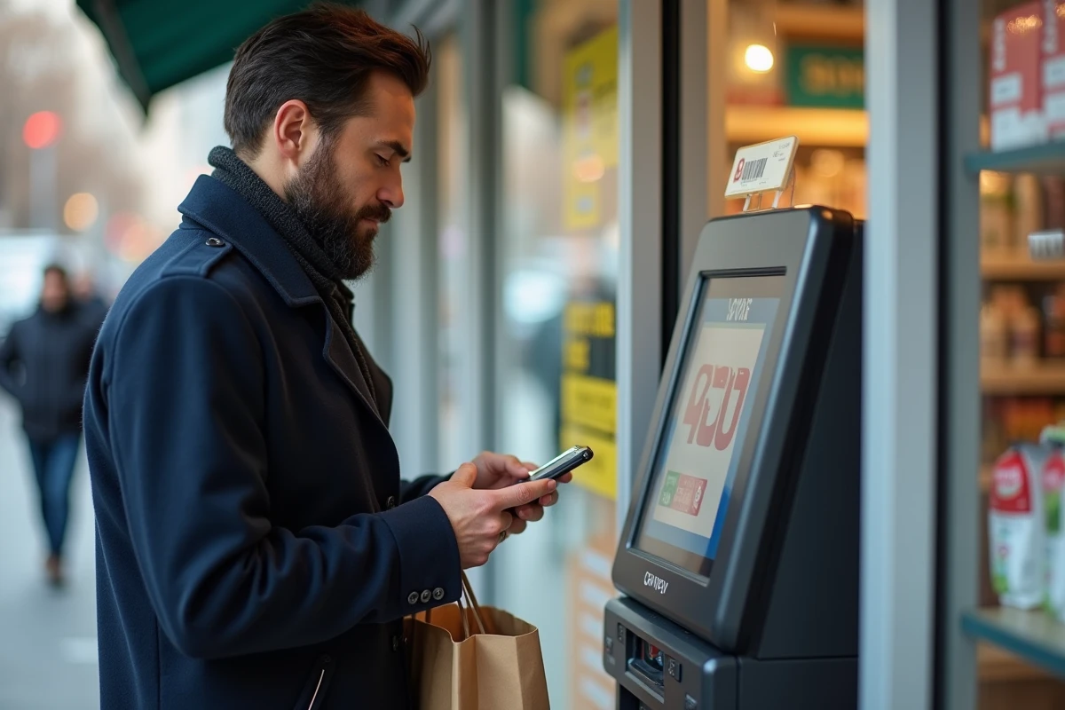 Homme avec smartphone scannant un code retour au kiosk