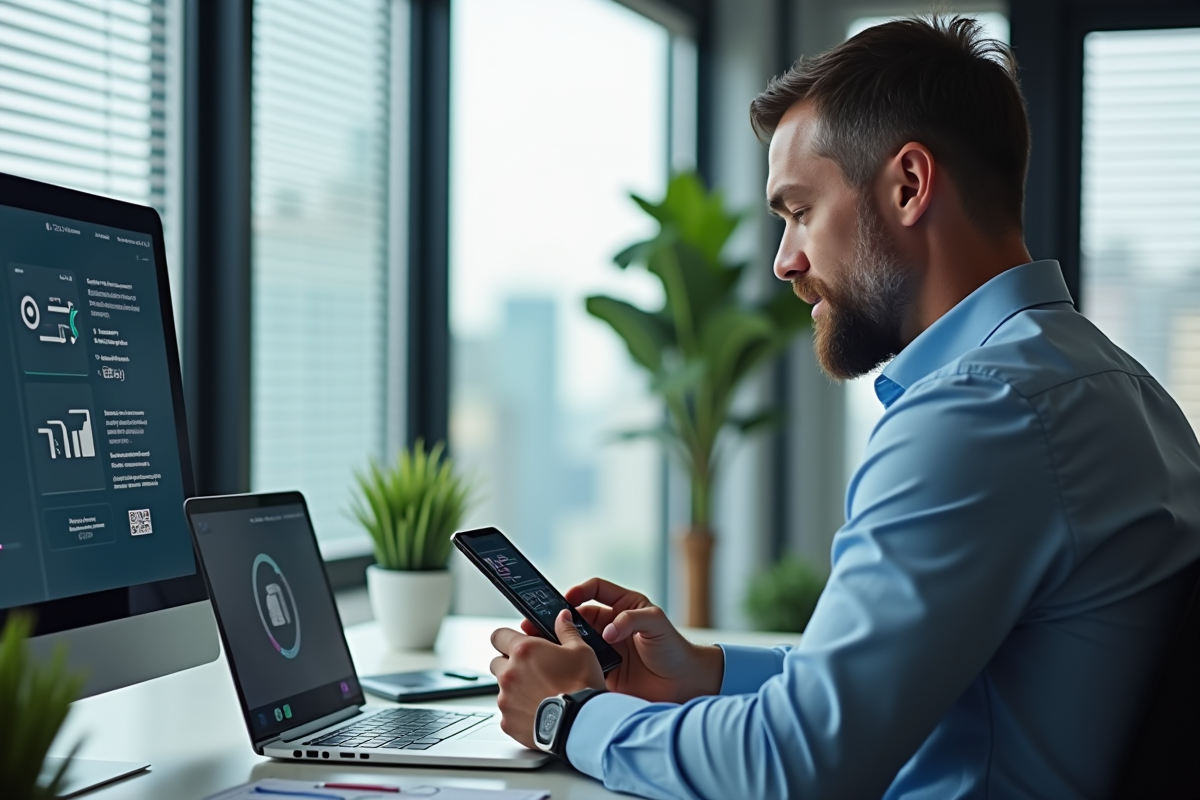 Homme scanne un QR code blockchain dans un bureau professionnel