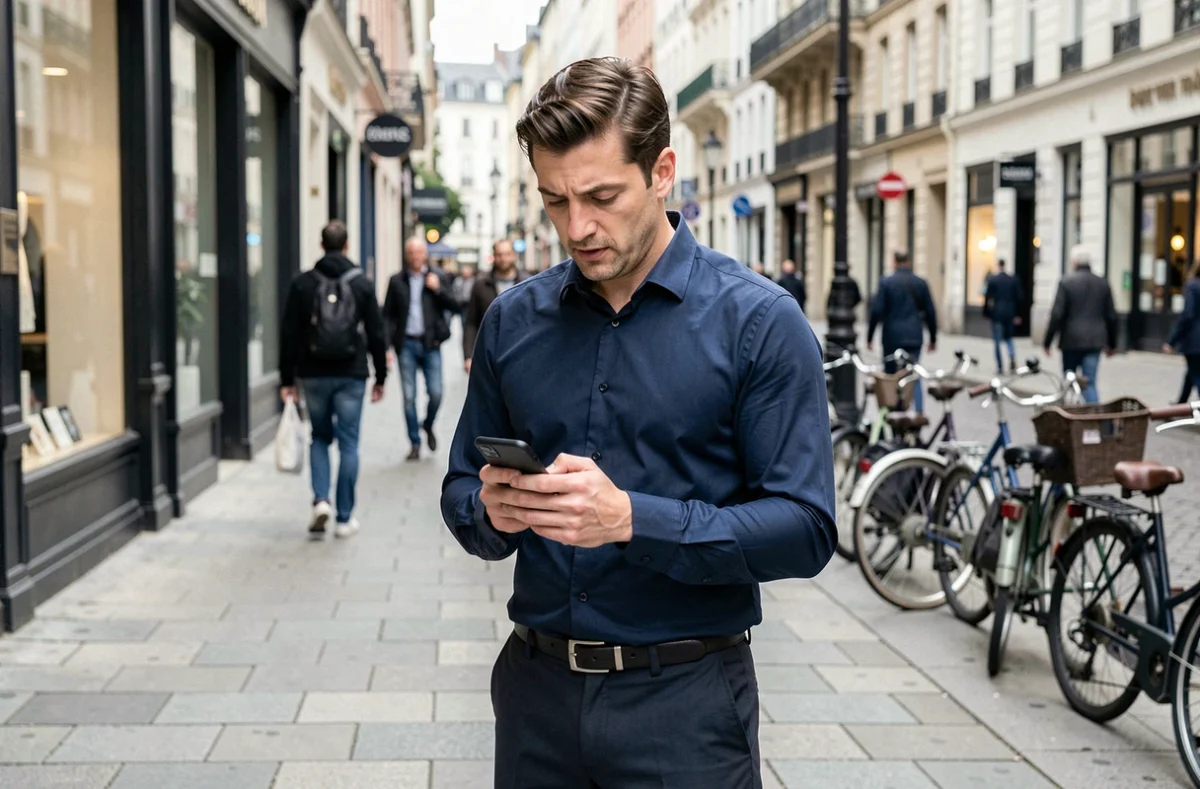 Homme consultant son smartphone dans la rue pour rechercher un numéro de téléphone portable