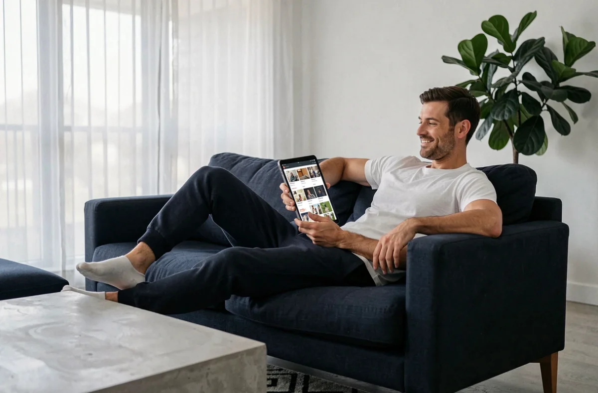 Homme détendu sur un canapé consultant un flux de contenu Reddit en défilement continu sur une tablette dans un salon minimaliste