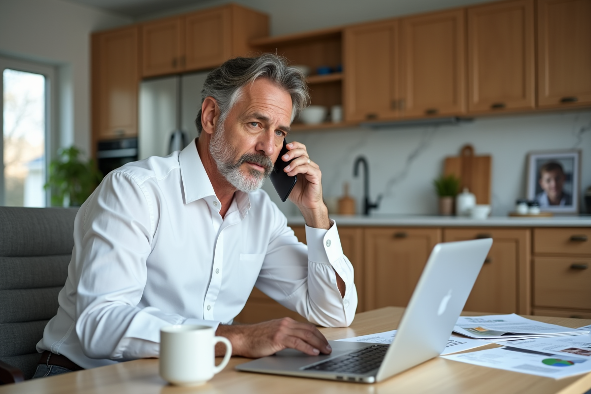 Homme au téléphone avec des brochures de prêt immobilier dans la cuisine