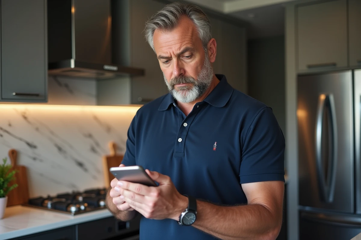 Homme vérifiant une commande en ligne avec une expression dubitative sur son smartphone dans sa cuisine