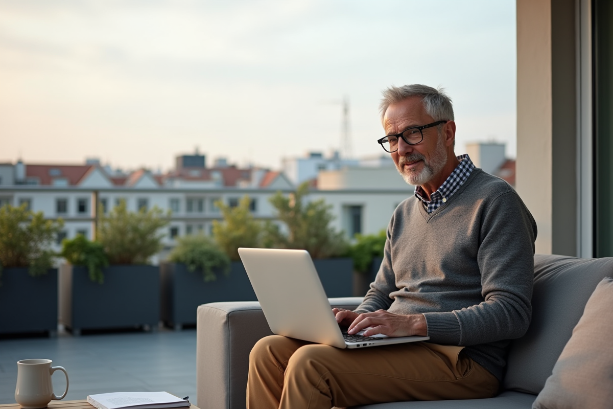 Homme en appel vidéo sur un balcon urbain