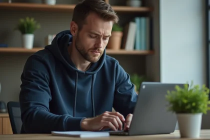 Homme adulte utilisant un VPN sur son ordinateur portable pour contourner les restrictions internet à domicile