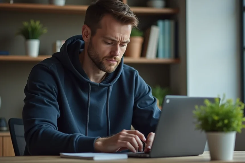 Homme adulte utilisant un VPN sur son ordinateur portable pour contourner les restrictions internet à domicile