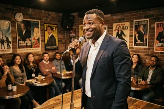 Humoriste noir français sur scène dans un club de comédie parisien, micro en main, sourire complice face au public
