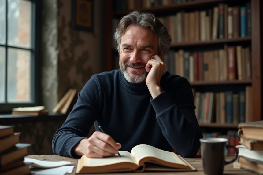 Homme pensif lisant un livre avec un sourire ironique dans une bibliothèque vintage chargée de livres et de notes manuscrites
