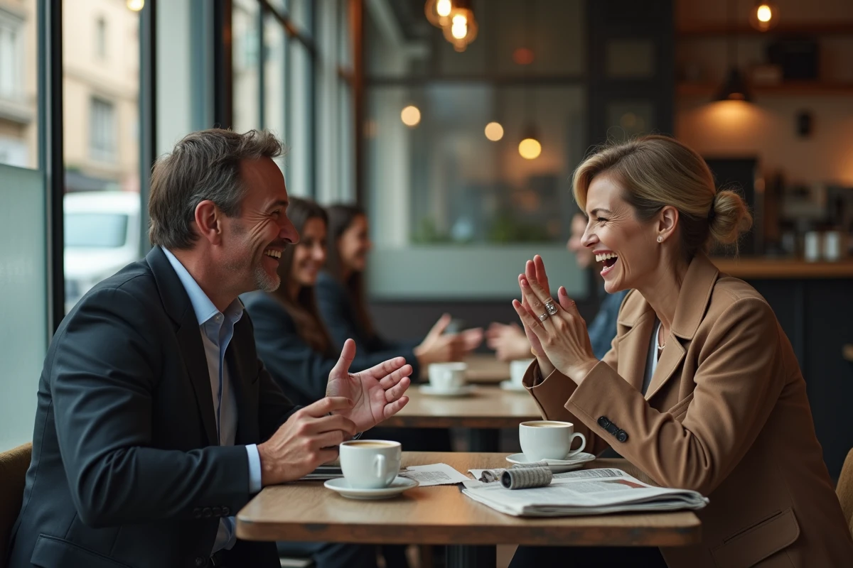 Deux collègues en grande conversation animée et riante autour d'un café dans un bistrot parisien discutant d'humour noir et de citations intelligentes