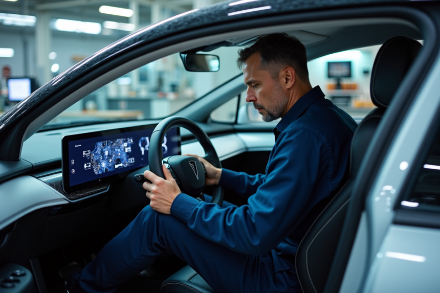 Ingénieur automobile homme dans une voiture électrique futuriste