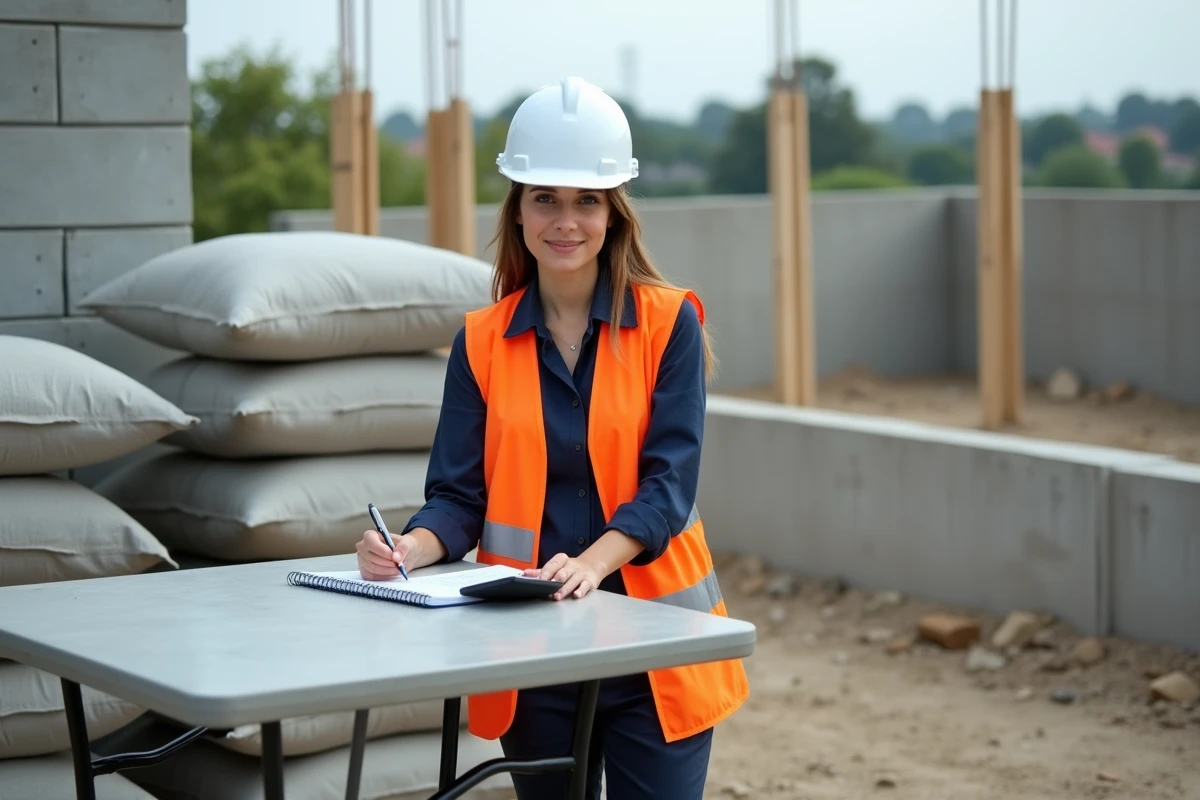 Ingénieure calculant la conversion de mètres carrés en mètres cubes pour estimer la quantité de béton nécessaire