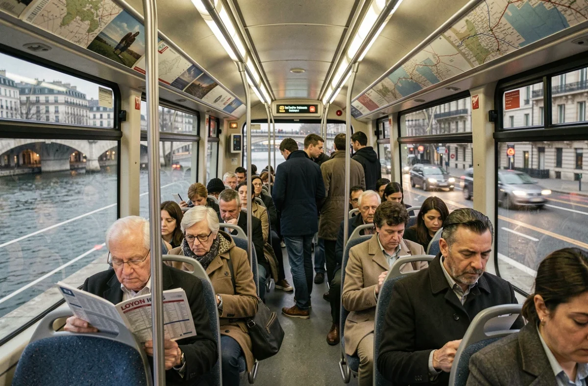 Intérieur d'un bus TCL Lyon le soir avec passagers consultant les horaires et la carte du réseau