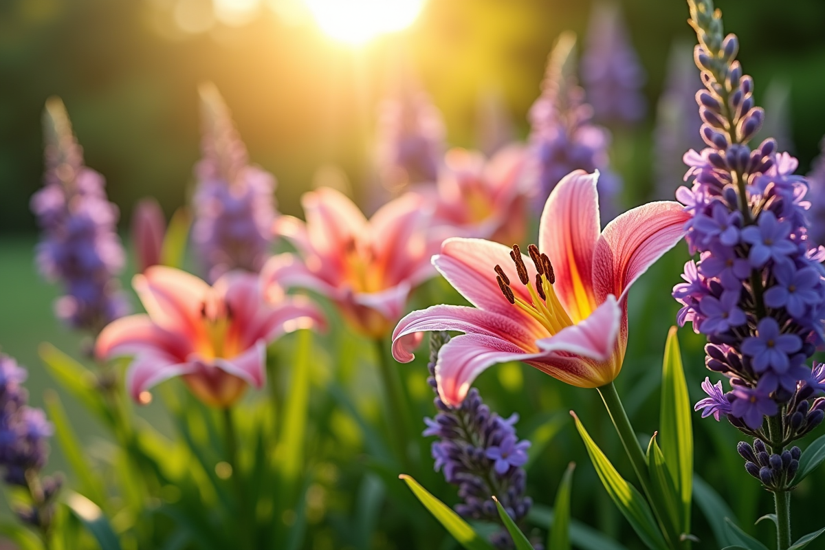 Jardin extérieur avec lys lavande et lilas en pleine croissance