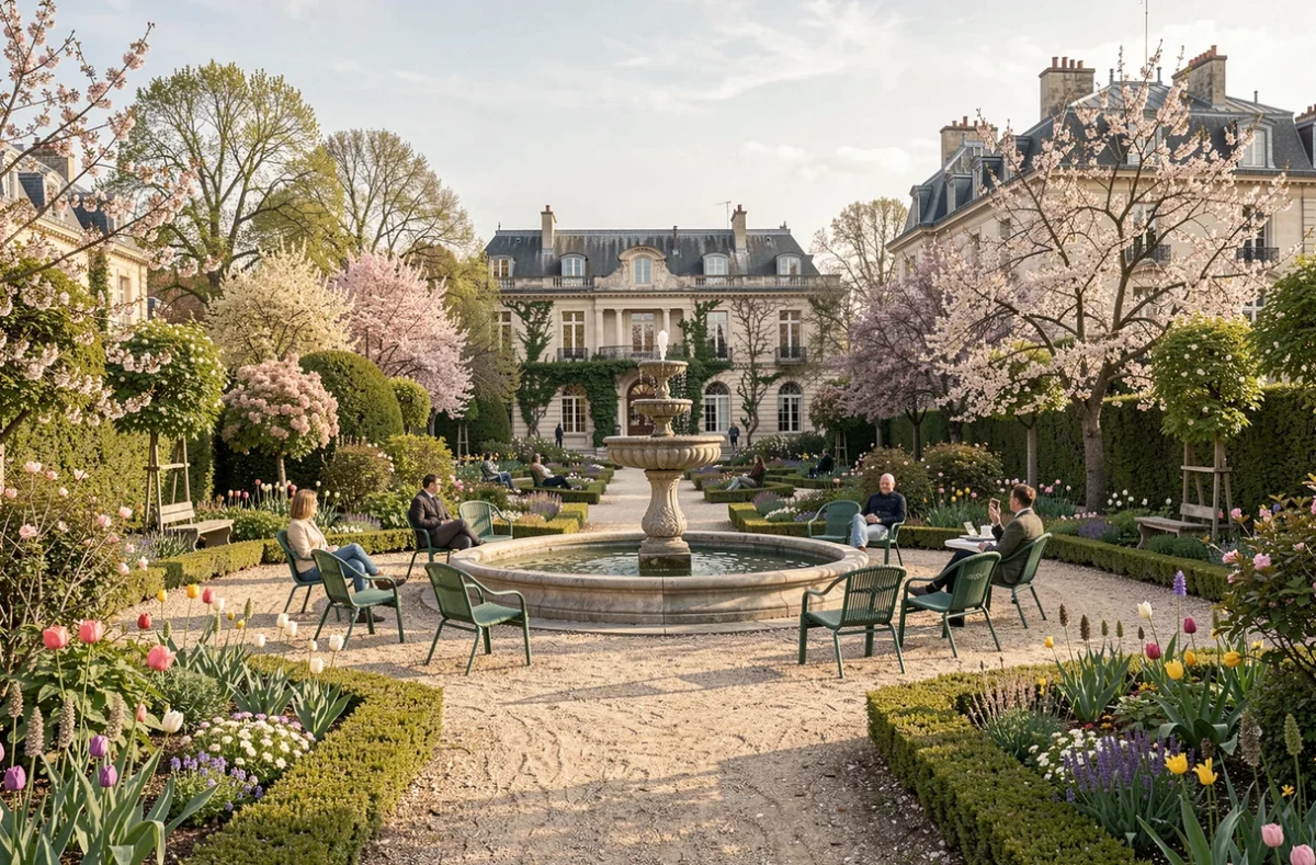 Jardin parisien avec chaises autour d'un bassin et promeneurs