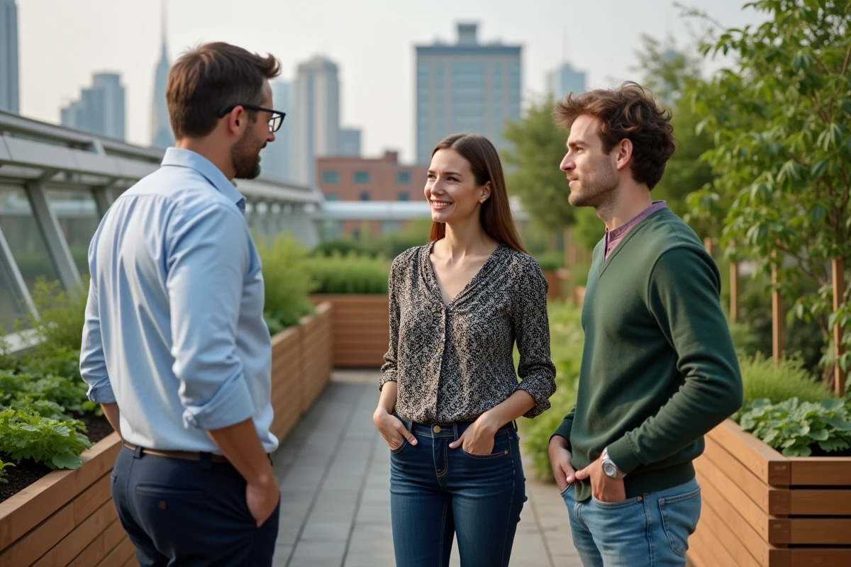 Groupe diversifié dans un jardin urbain partagé