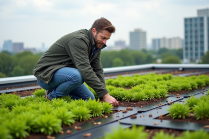 Homme d'âge moyen plantant un toit vert en milieu urbain