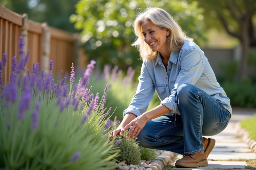 Femme en jardinage avec plantes résistantes à la sécheresse