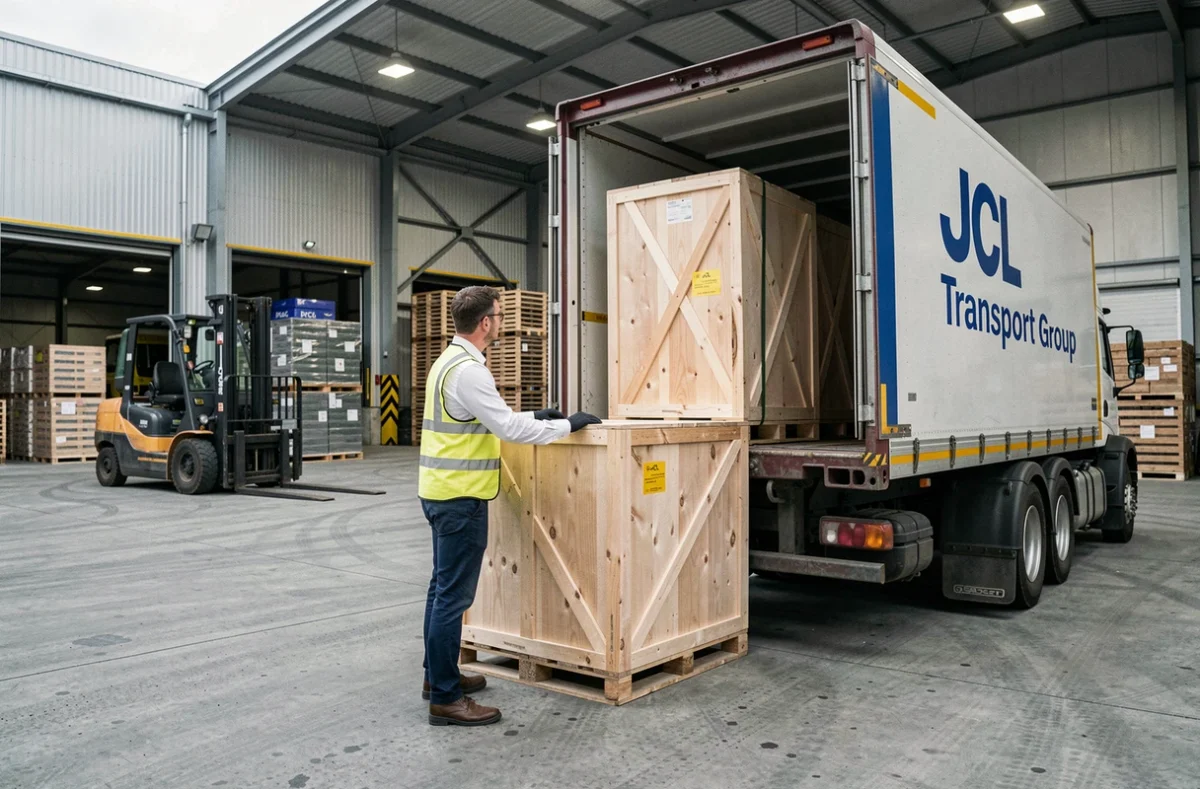 Coordinateur JCL Transport Group supervisant le chargement de caisses dans un dépôt de fret à Metz