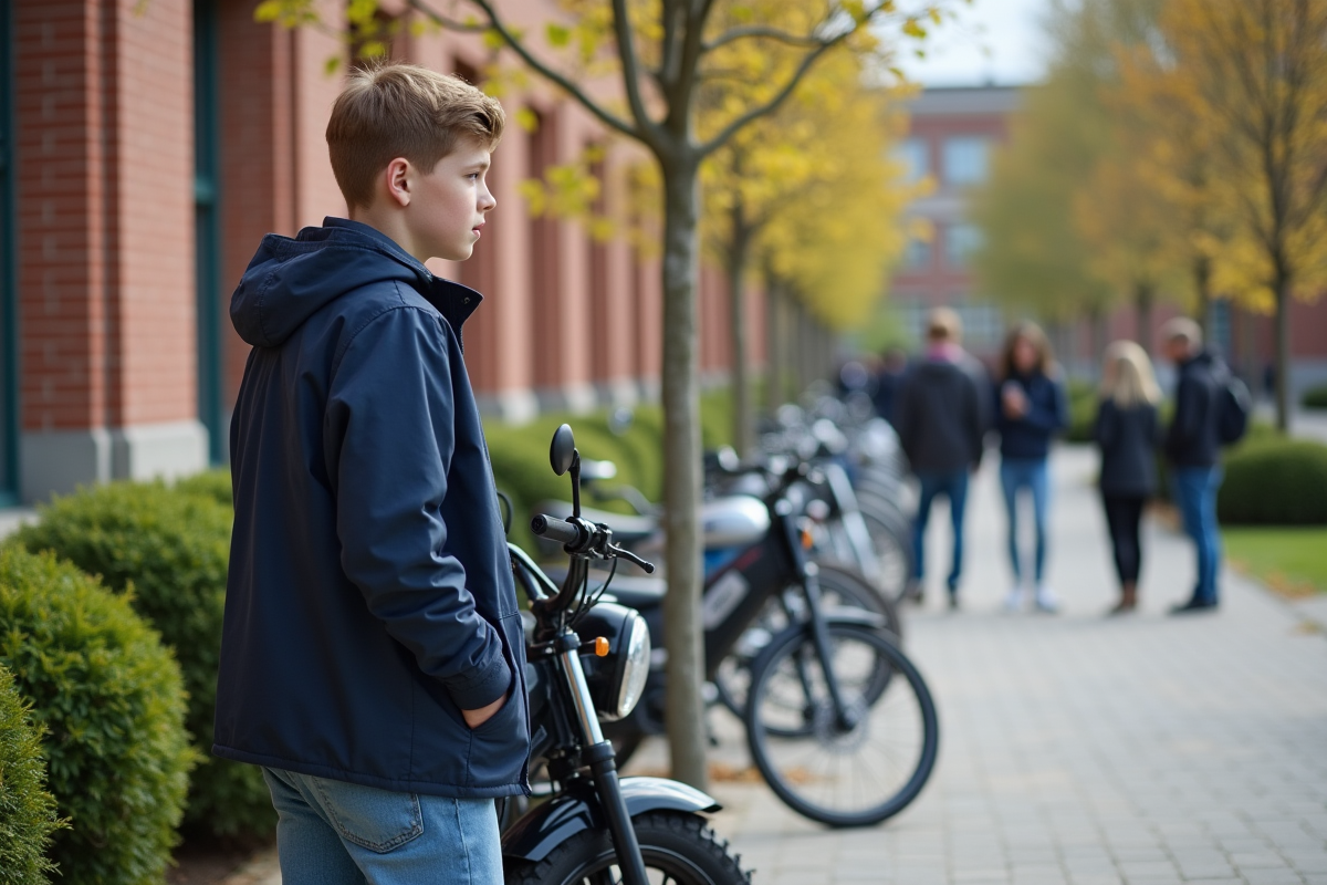 Adolescent avec moto près d un campus universitaire