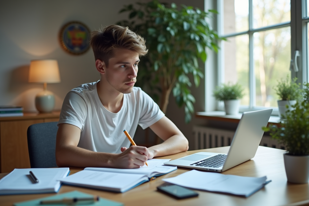 Jeune adulte concentré à son bureau avec ordinateur et notes
