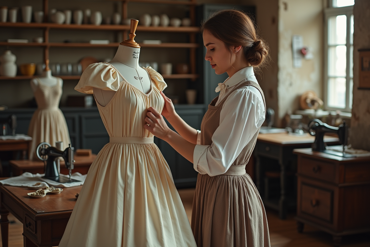 Jeune créatrice couture en train de coudre une robe