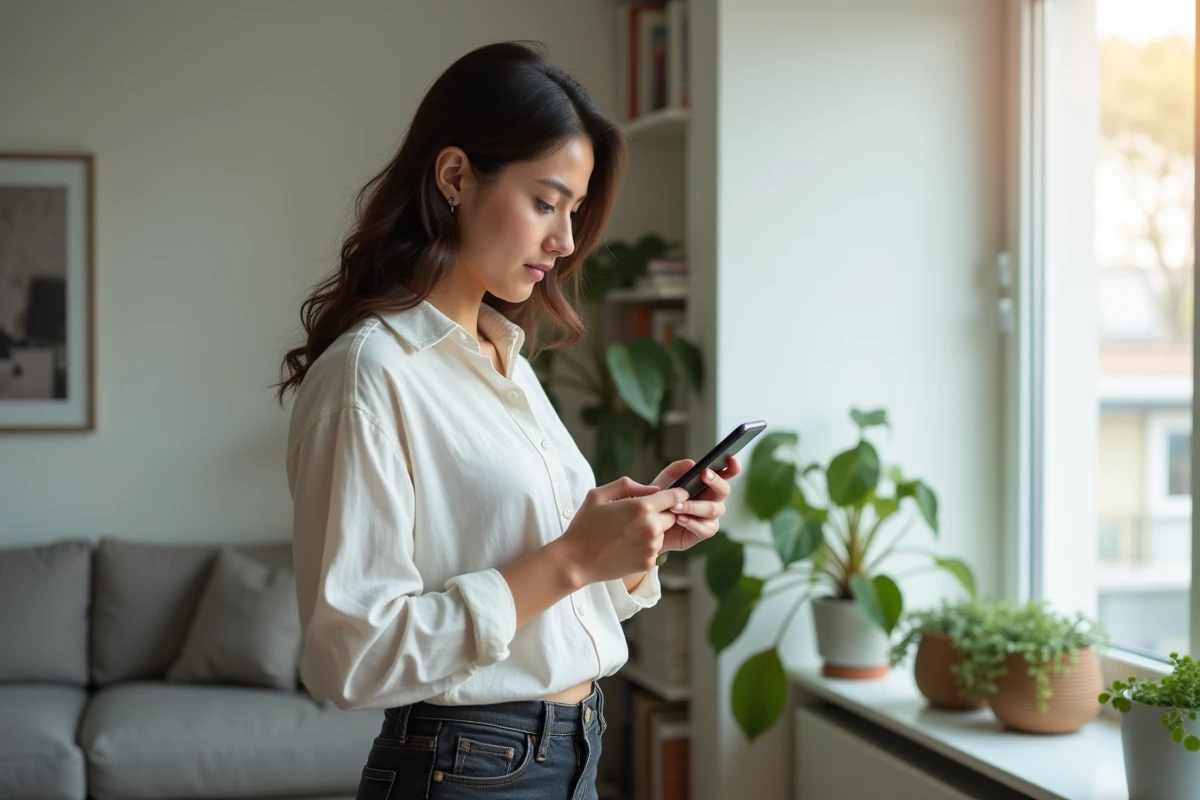 Jeune femme utilisant une application pour bloquer les appels indésirables en 02 70