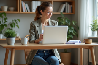 Jeune femme professionnelle en bureau lumineux avec ordinateur
