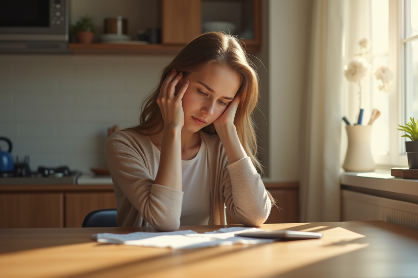 Jeune femme fatiguée assise à la table de cuisine le matin