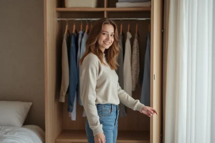 Jeune femme choisissant des vêtements dans une garde-robe minimaliste