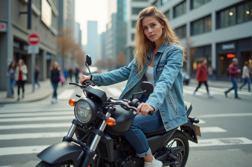 Jeune femme en denim sur moto urbaine dynamique