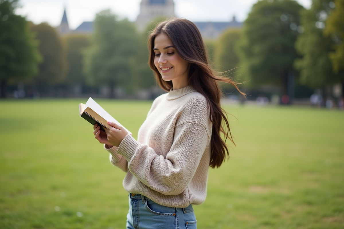 Jeune femme souriante lisant un livre à Paris dans un parc