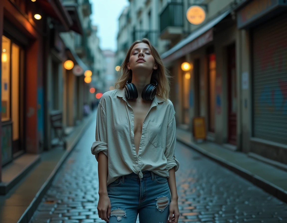 Jeune femme au milieu d'une rue pavée européenne sous la pluie avec des écouteurs, symbolisant l'émancipation et la liberté évoquées dans Elle me dit de Mika