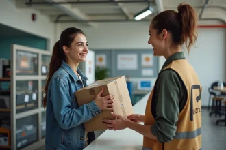 Jeune femme souriante remettant un colis au service