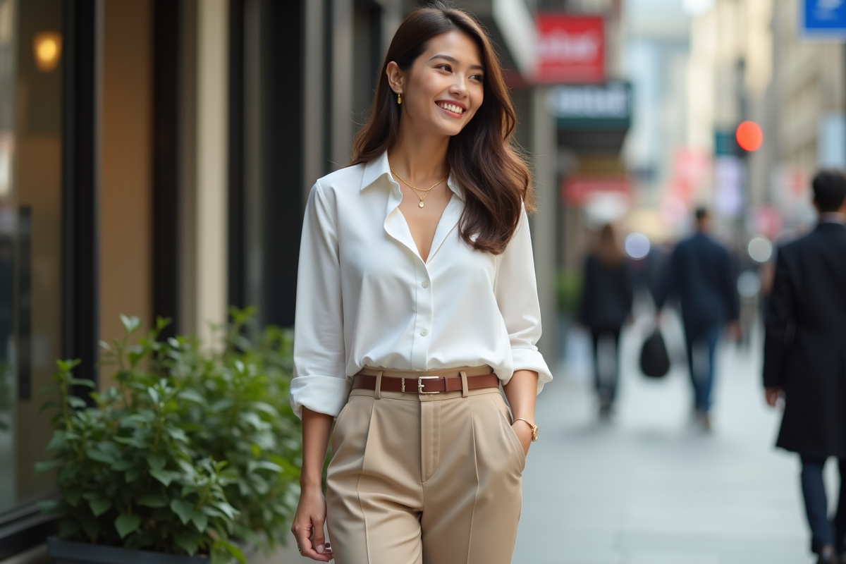 Jeune femme élégante dans la ville avec pantalon beige et blouse blanche