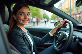 Jeune femme en costume dans une voiture électrique en ville