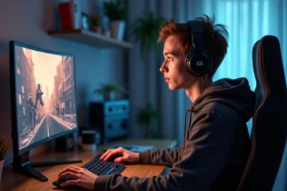 Jeune homme en streetwear regardant un moniteur de jeu FPS