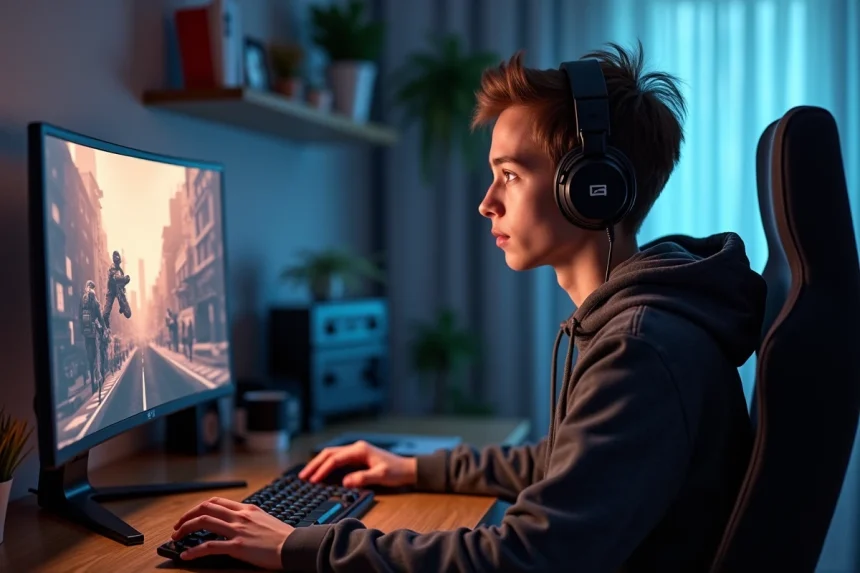 Jeune homme en streetwear regardant un moniteur de jeu FPS