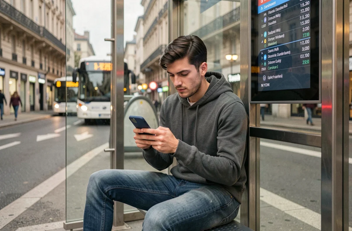 Jeune homme consultant l'application de bus Lyon dans un abri-bus moderne le week-end