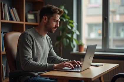 Jeune homme concentré travaillant sur son ordinateur dans un bureau à domicile