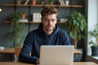 Jeune homme concentré sur son ordinateur dans un bureau moderne