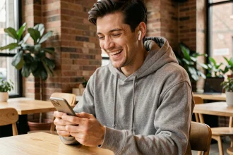 Jeune homme souriant dans un café urbain en train de découvrir le phénomène viral Zagwazasqim sur son smartphone en 2026