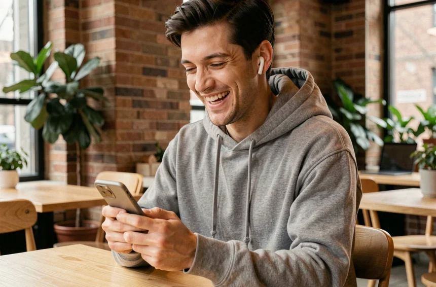 Jeune homme souriant dans un café urbain en train de découvrir le phénomène viral Zagwazasqim sur son smartphone en 2026