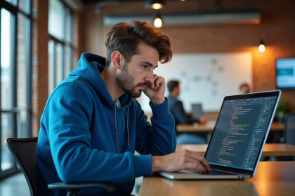 Jeune homme en hoodie bleu travaillant sur un code informatique dans un bureau moderne