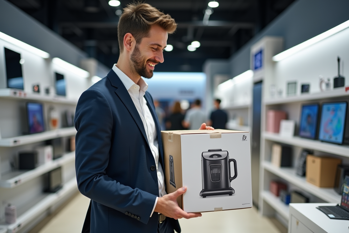 Jeune homme inspectant un appareil électroménager en magasin