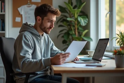 Jeune homme concentr&eacute; lisant un document num&eacute;rique dans un bureau moderne