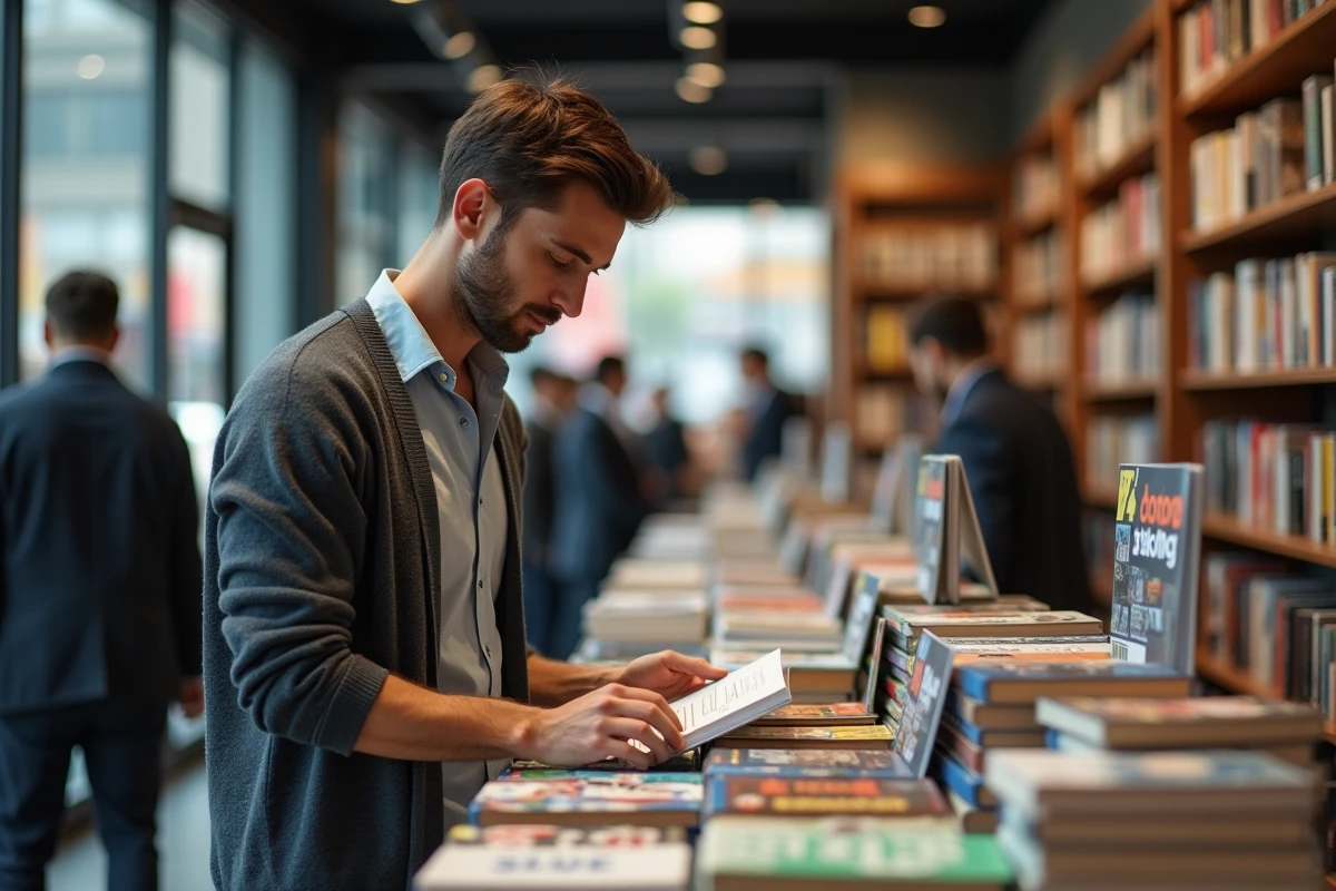 Jeune homme feuilletant un livre dans une librairie urbaine