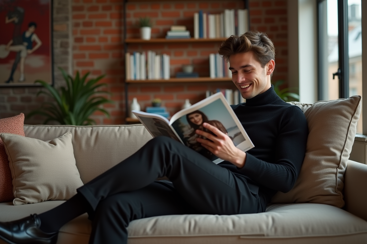 Jeune homme lisant magazine dans un loft moderne