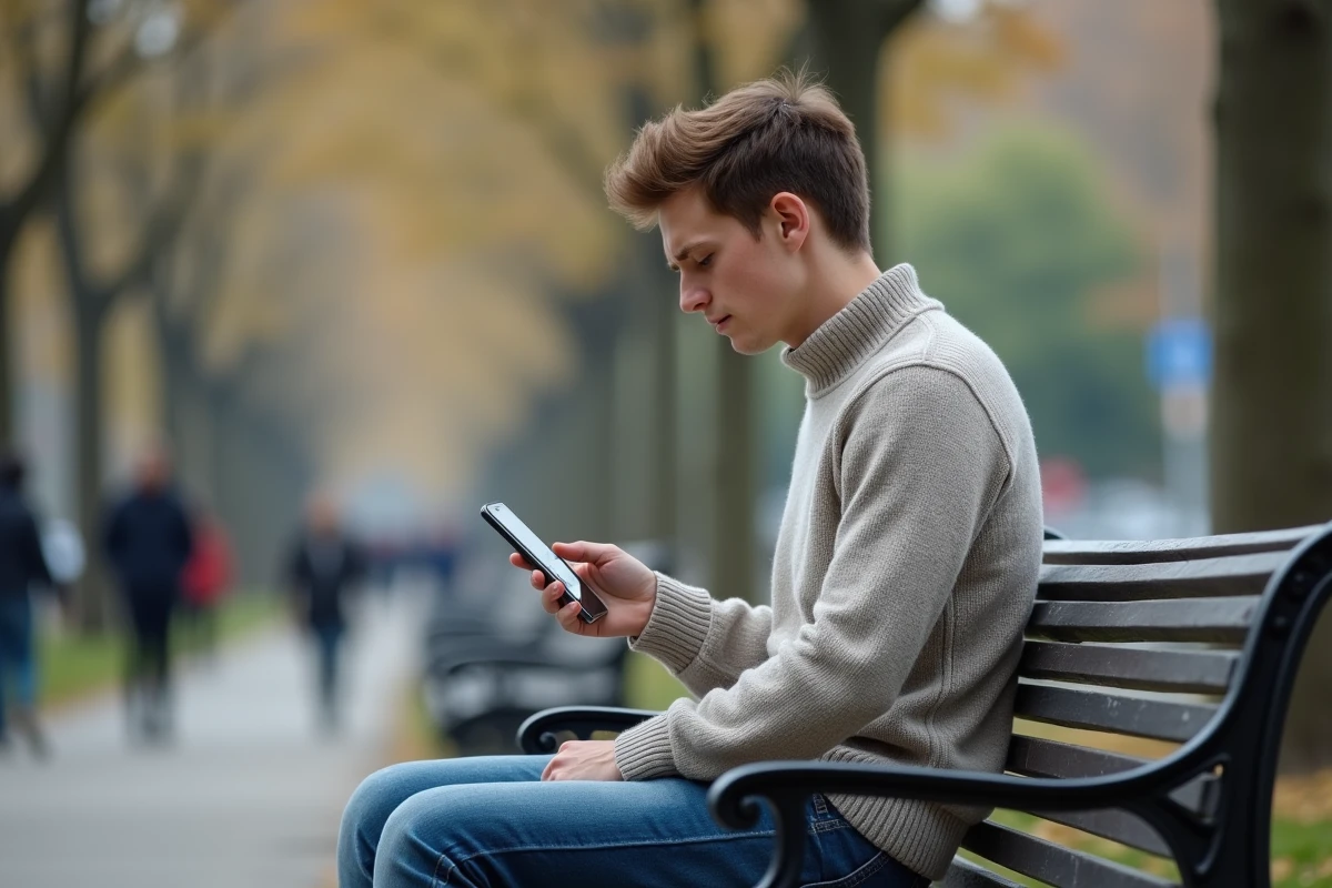 Jeune homme assis sur un banc dans un parc urbain
