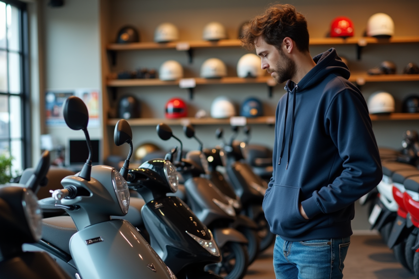 Jeune homme examine un scooter dans un magasin de scooters